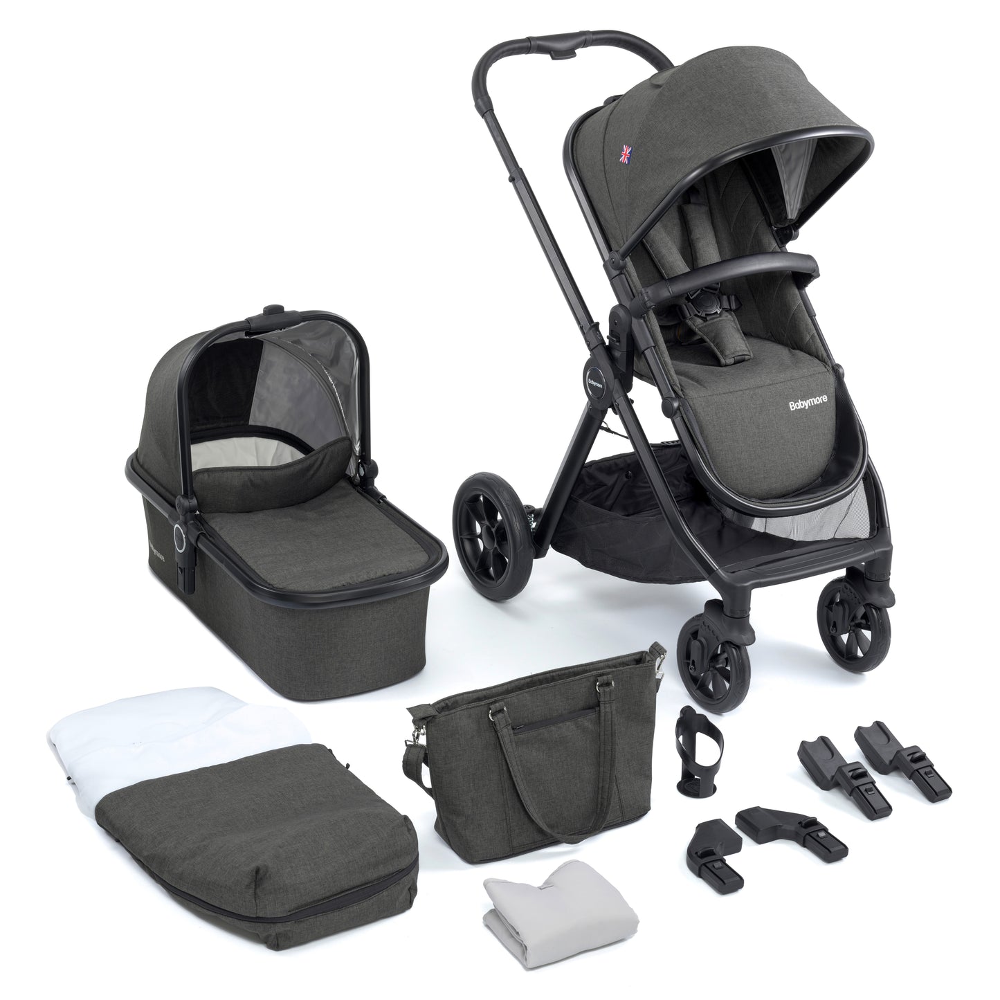 Babymore Memore V2 Pram Pushchair 11 Piece - Black 2680554-10