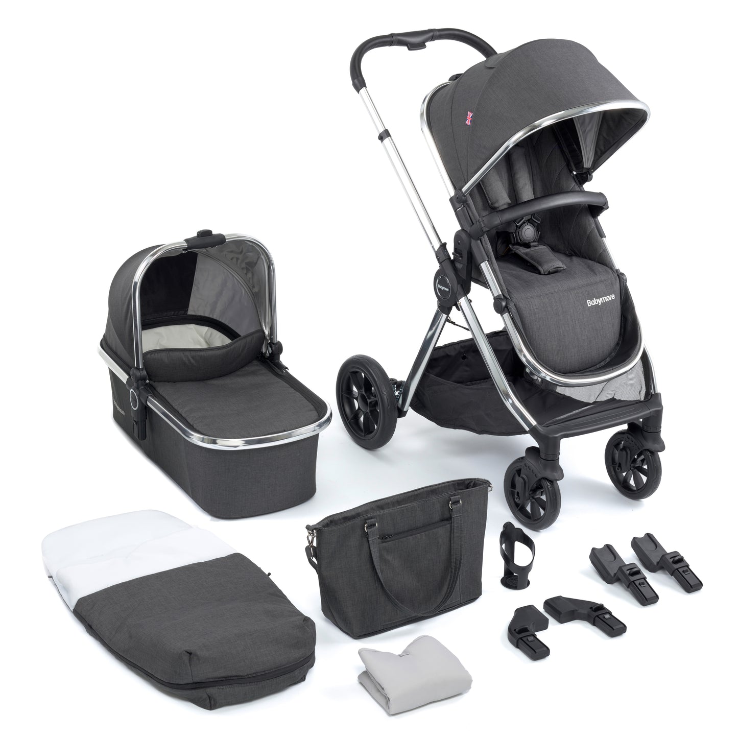 Babymore Memore V2 Pram Pushchair 11 Piece - Chrome 2680550-10