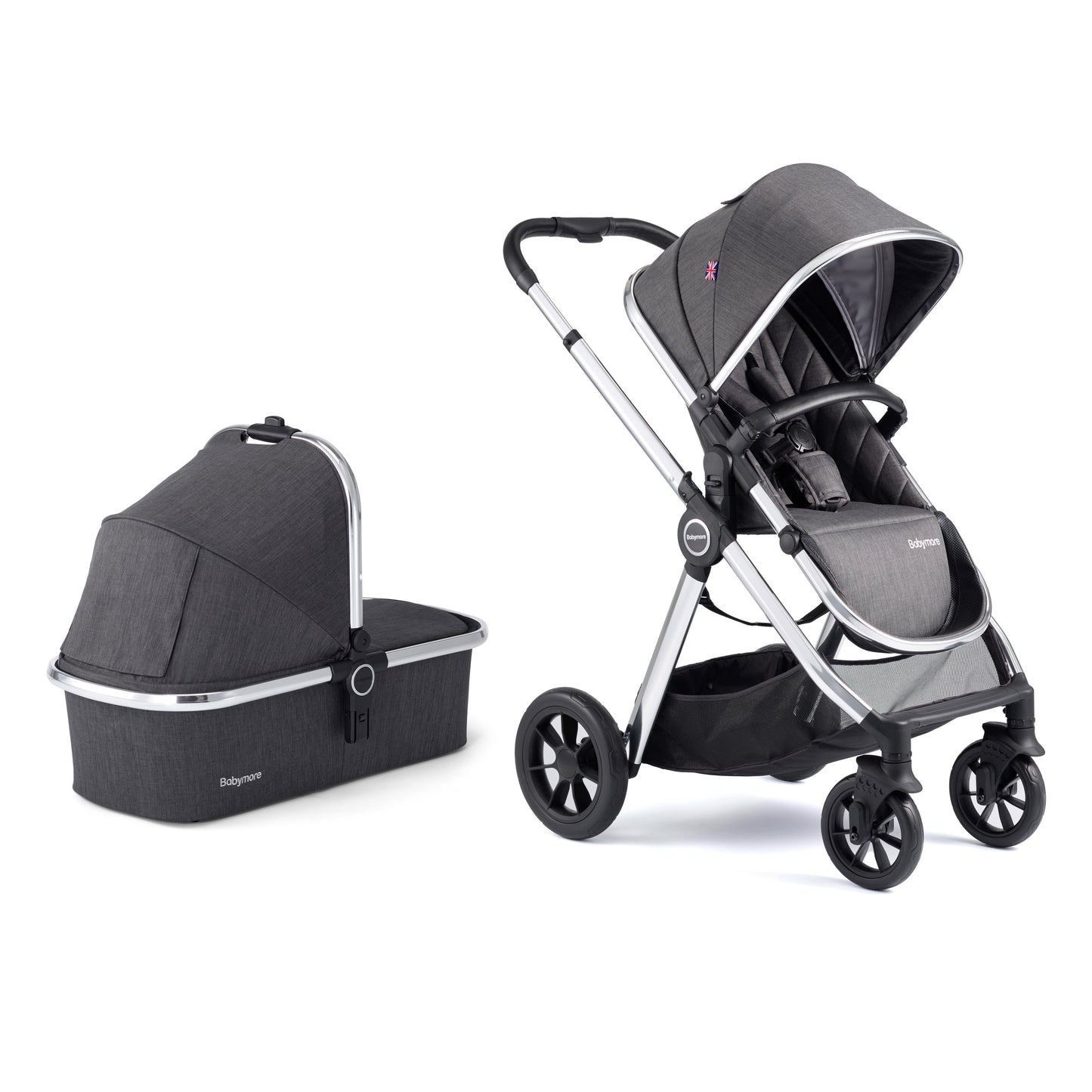 Babymore Memore V2 Pram Pushchair 11 Piece - Chrome 2680550-10