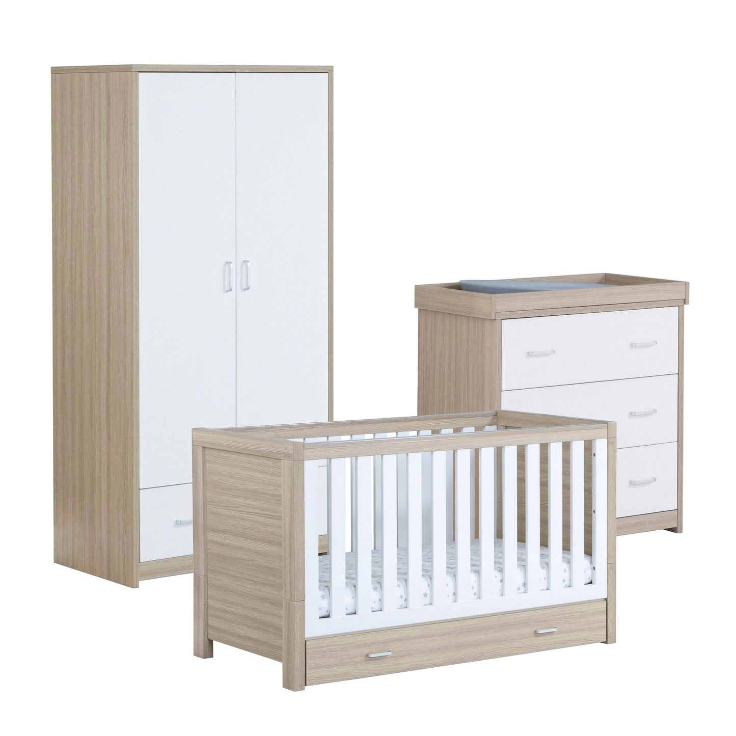 Babymore Luno 3 Piece Nursery Room Set with Drawer - Oak White 26LWRS3D