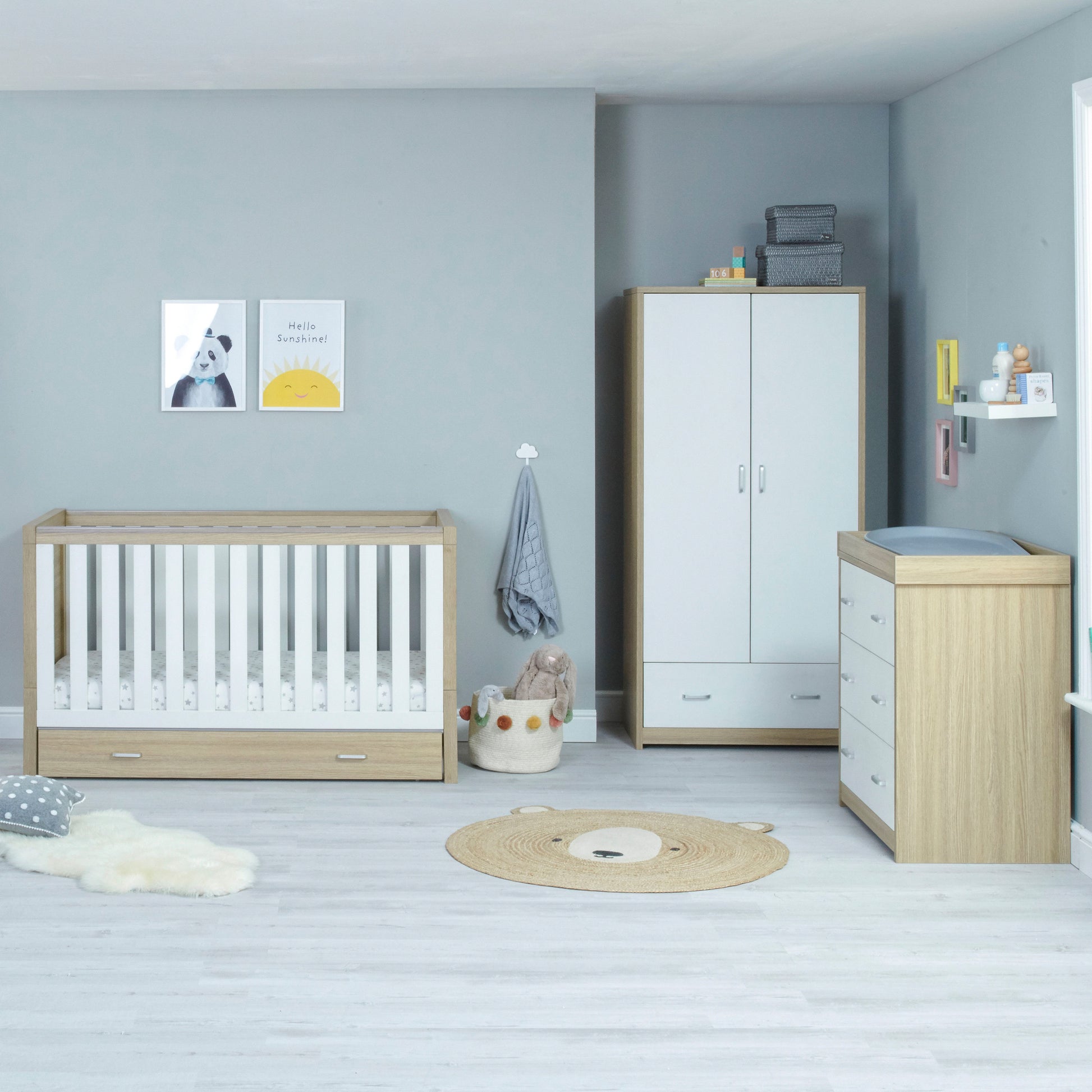 Babymore Luno 3 Piece Nursery Room Set with Drawer - Oak White 26LWRS3D