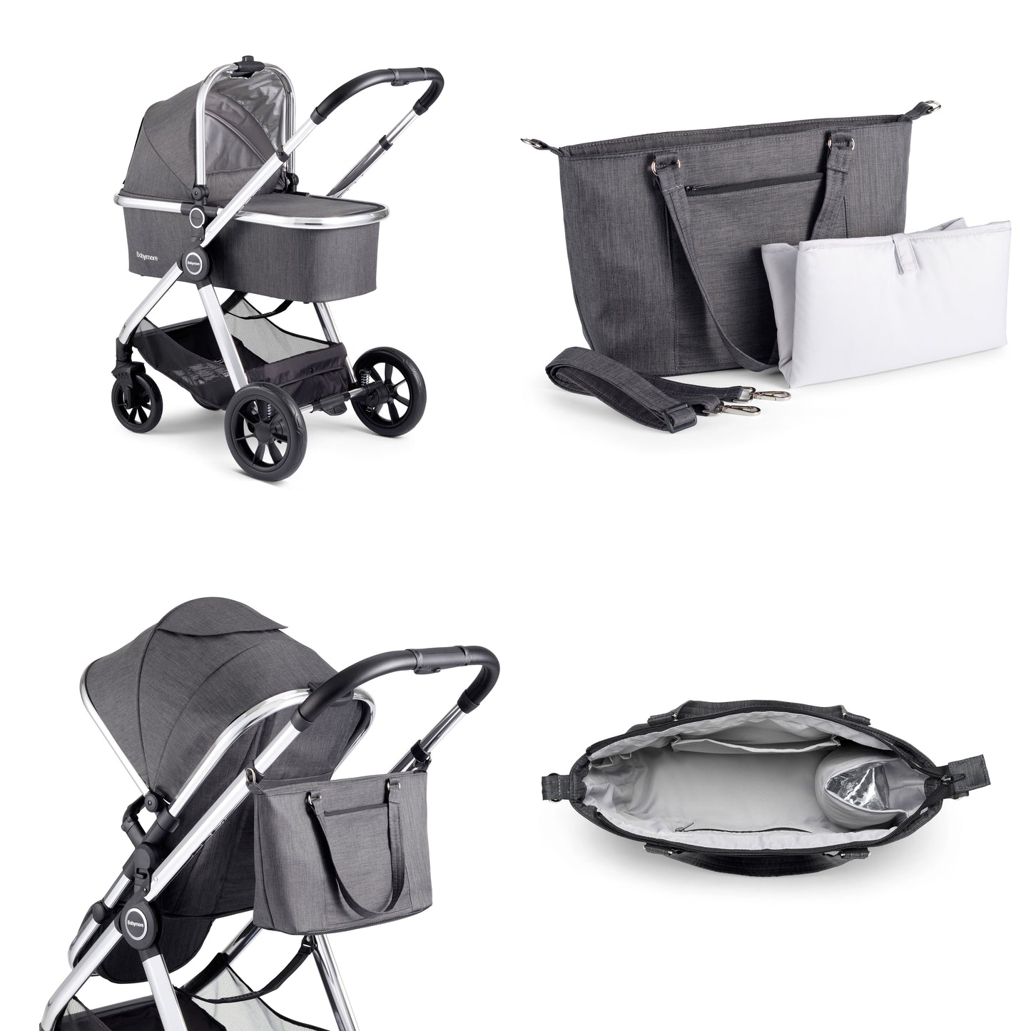 Babymore Memore V2 Pram Pushchair 11 Piece - Chrome 2680550-10