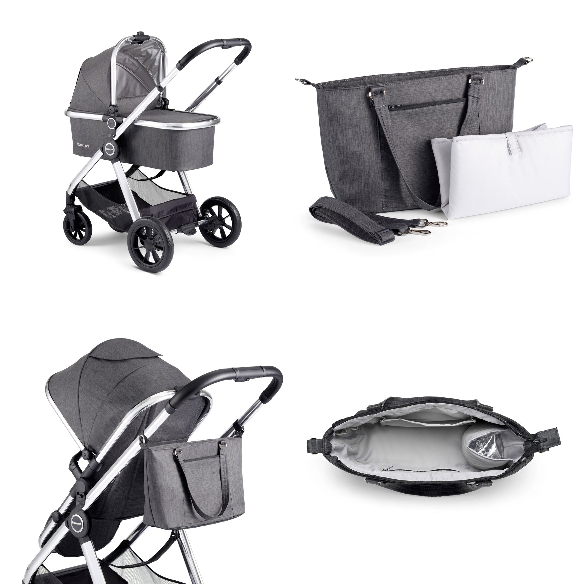 Babymore Memore V2 Pram Pushchair 11 Piece - Chrome 2680550-10