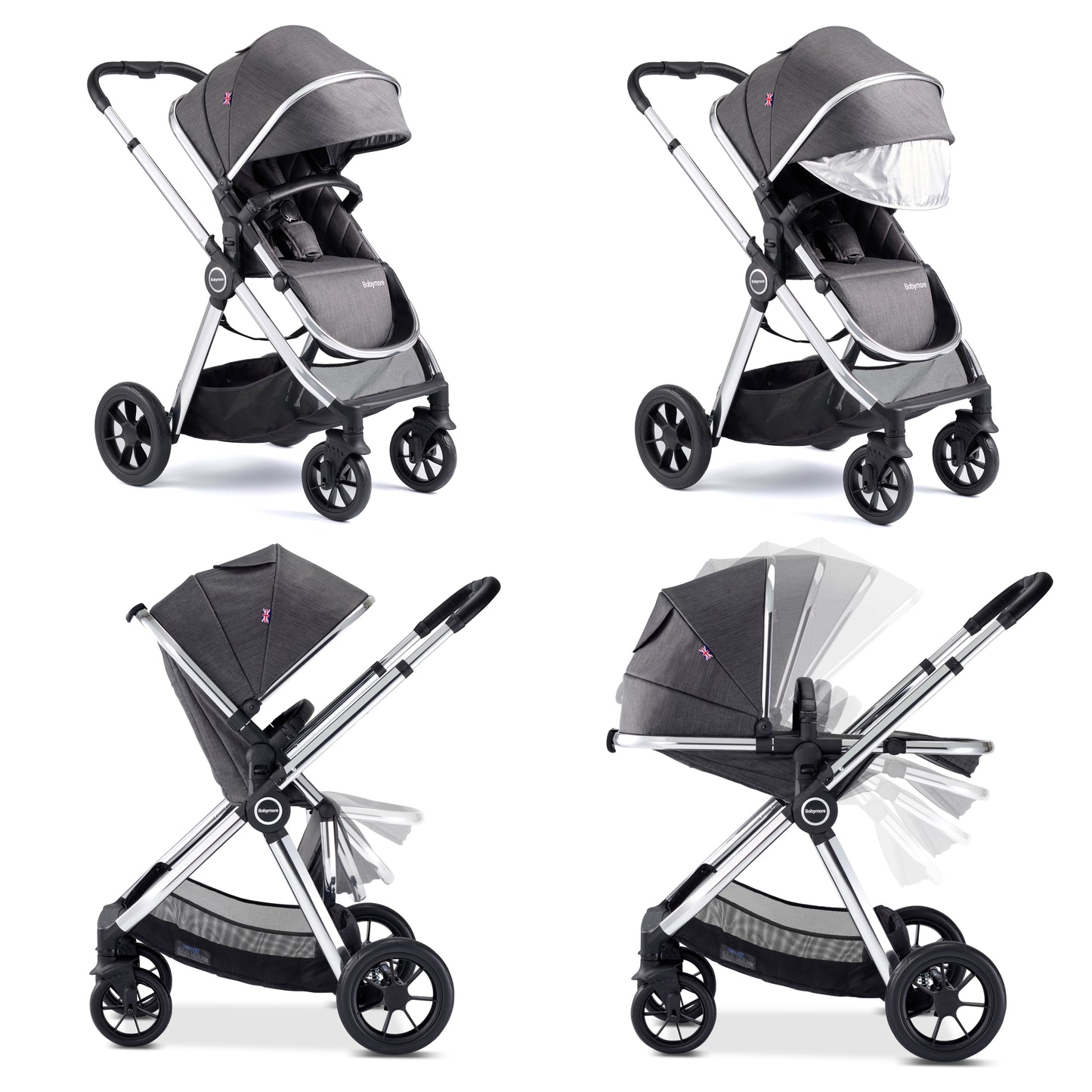 Babymore Memore V2 Pram Pushchair 11 Piece - Chrome 2680550-10