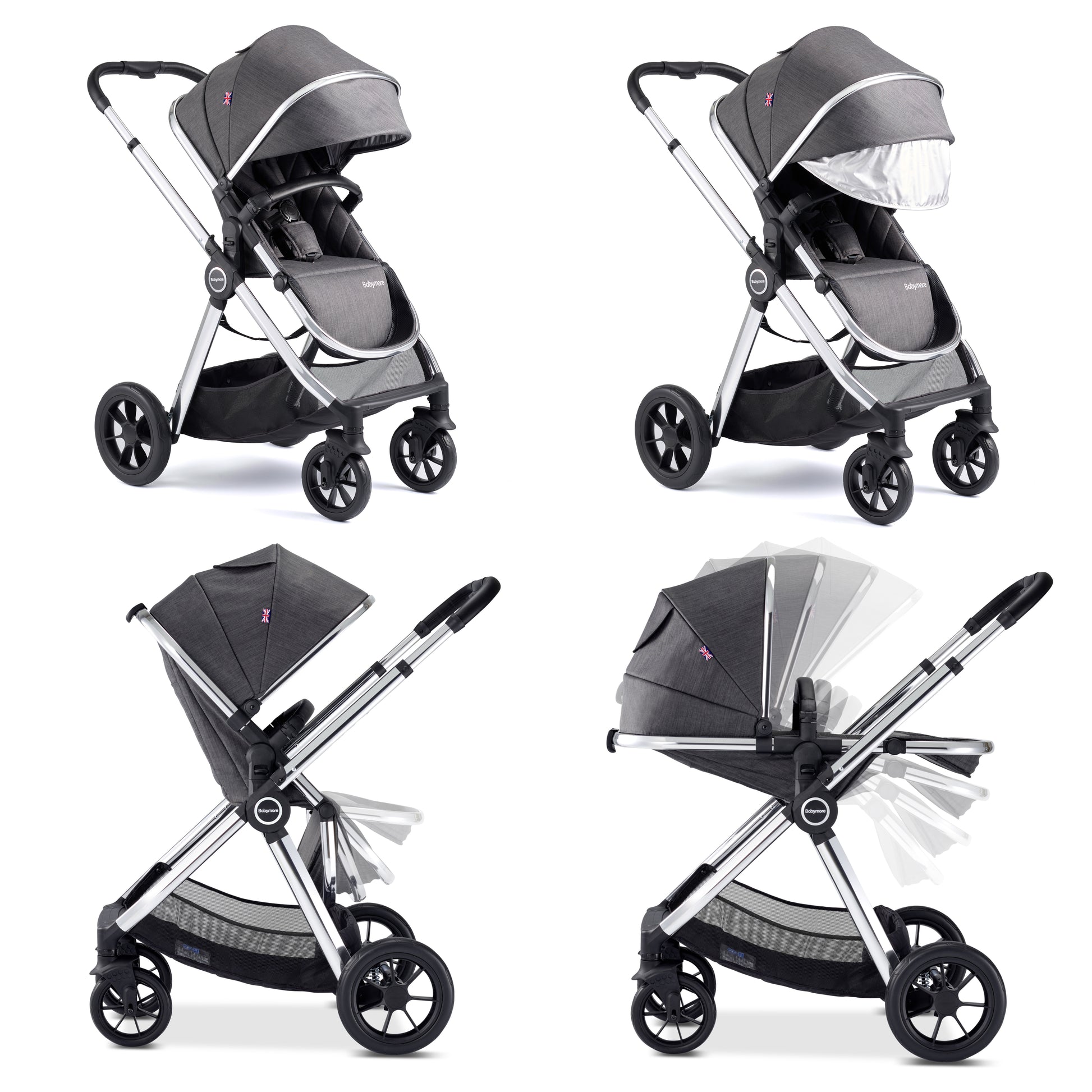 Babymore Memore V2 Pram Pushchair 11 Piece - Chrome 2680550-10