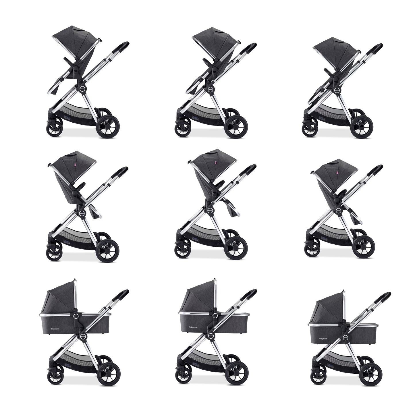 Babymore Memore V2 Pram Pushchair 11 Piece - Chrome 2680550-10