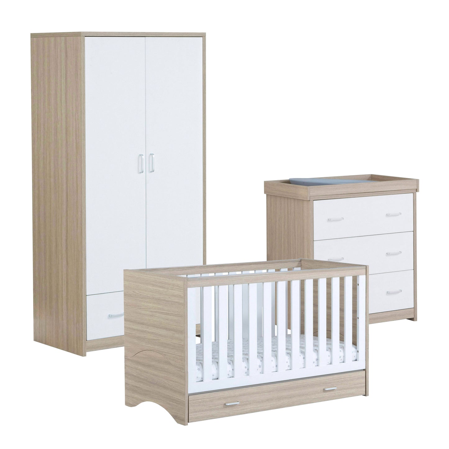 Babymore Veni 3 Piece Nursery Room Sets with Drawer - Oak White 26VWRS3D