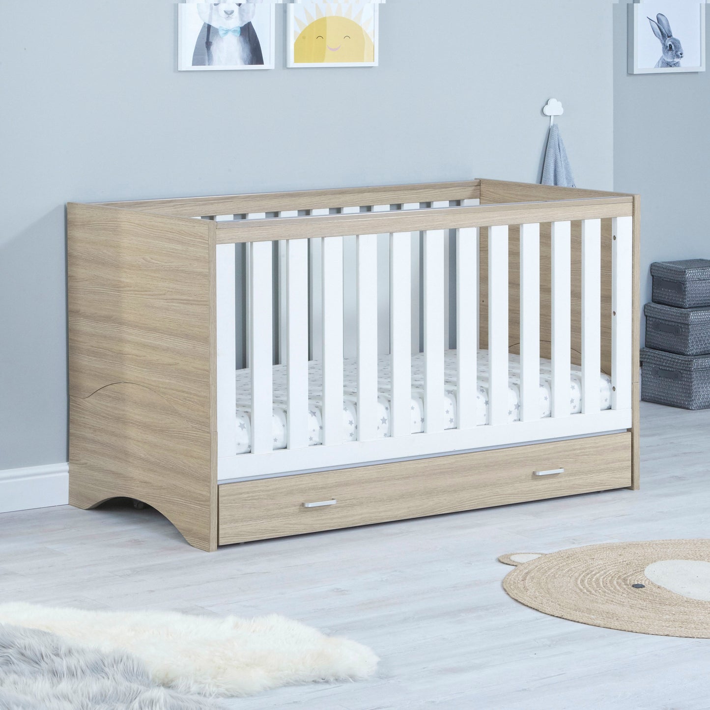 Babymore Veni 3 Piece Nursery Room Sets with Drawer - Oak White 26VWRS3D