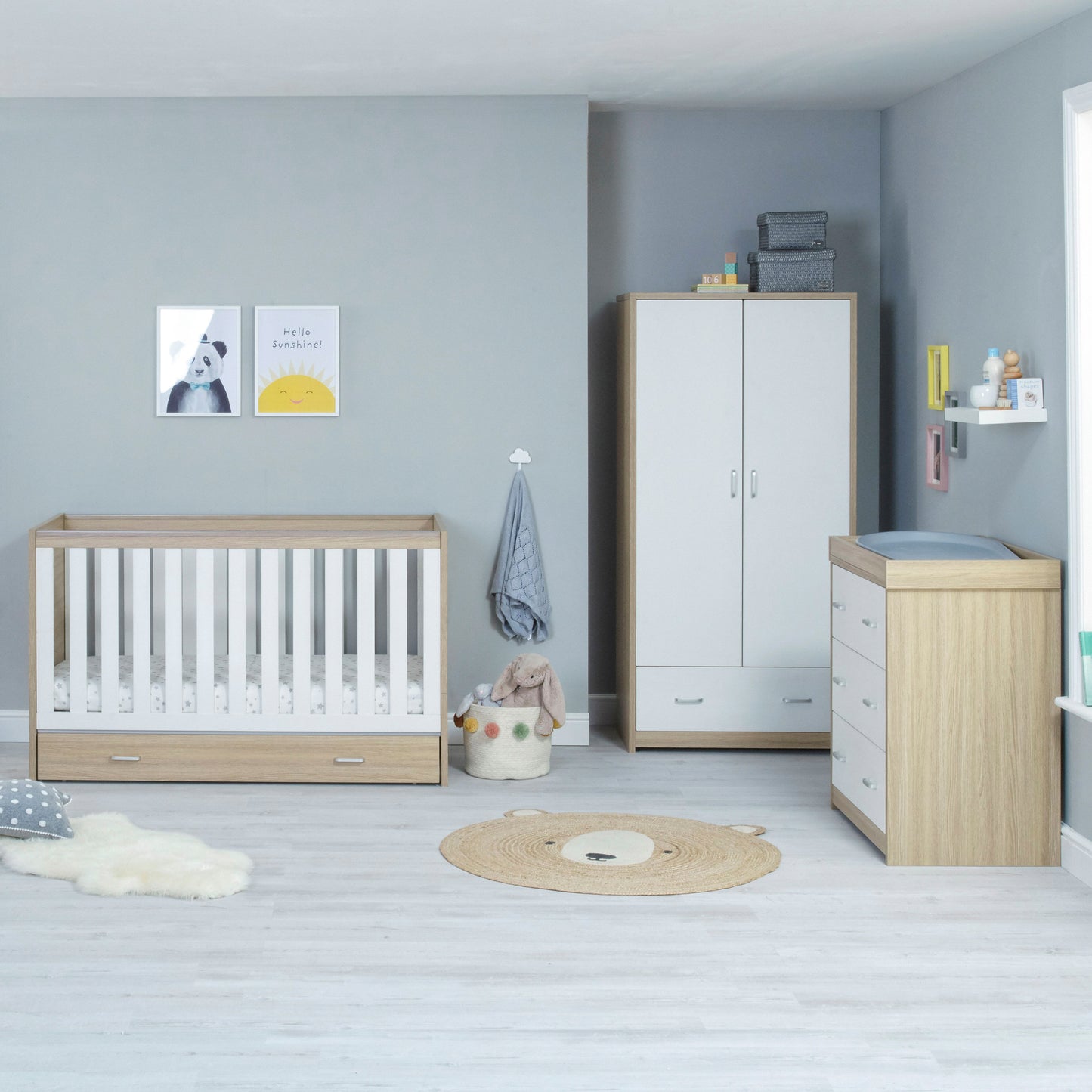 Babymore Veni 3 Piece Nursery Room Sets with Drawer - Oak White 26VWRS3D