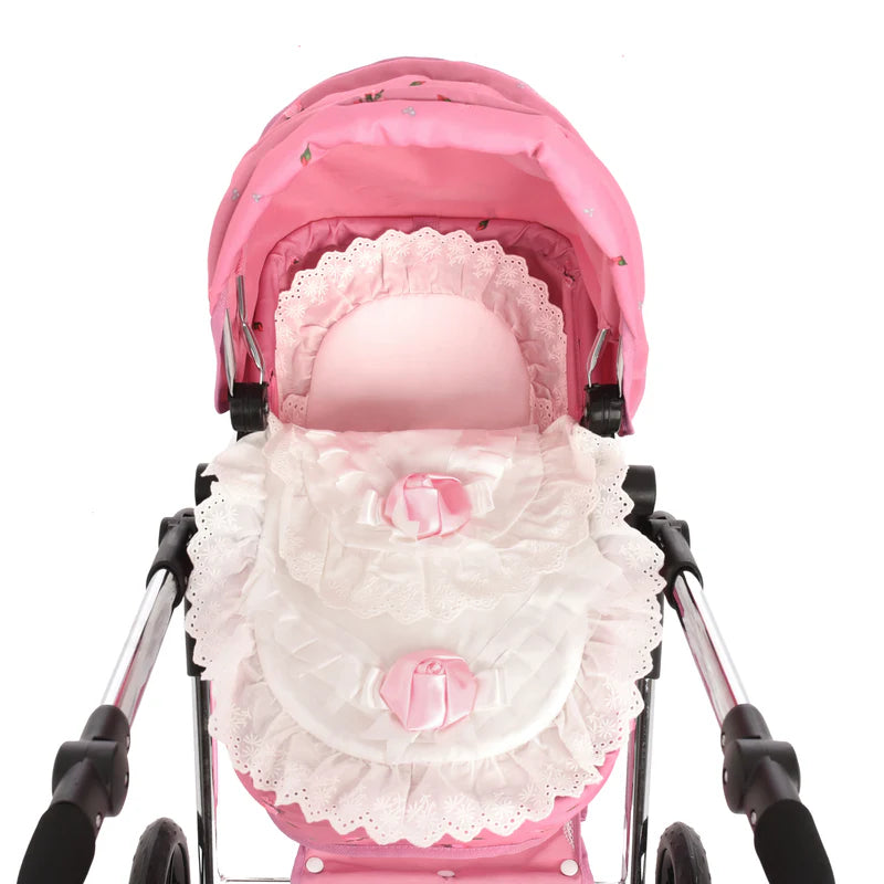 Roma Dolls Pram Bedding Set - White with Pink Rose 