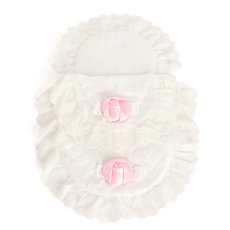 Roma Dolls Pram Bedding Set - White with Pink Rose 