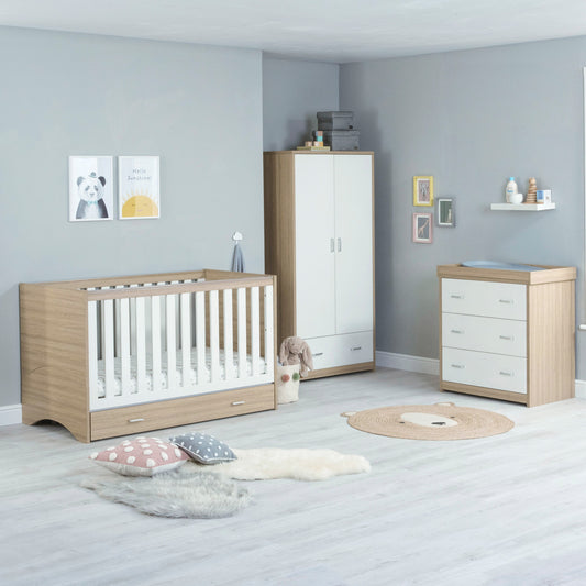 Babymore Veni 3 Piece Nursery Room Sets with Drawer - Oak White 26VWRS3D